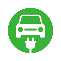 Electric car with plug icon, EV car charging circle sign, Green hybrid vehicles charging point, Eco friendly vehicle concept, Vector illustration
