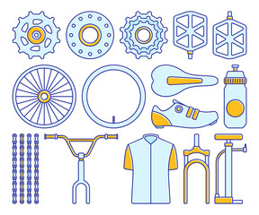 Detailed illustration of various bicycle parts including wheels, pedals, chains, gears, and handlebars.