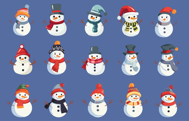 Cute snowman set. Funny cartoon snowmen wear hats and scarfs, winter seasonal christmas vector characters