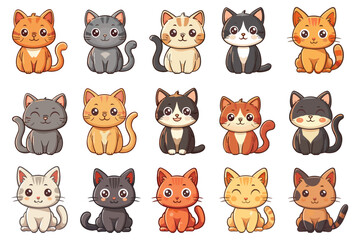 Fototapeta premium Cute cats set. Kittens. Domestic feline. Funny tiny pets, children mascots. Simple flat kawaii kitten vector characters