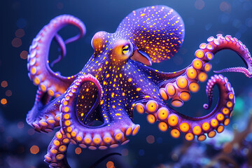 A purple octopus with yellow tentacles swimming in ocean deep