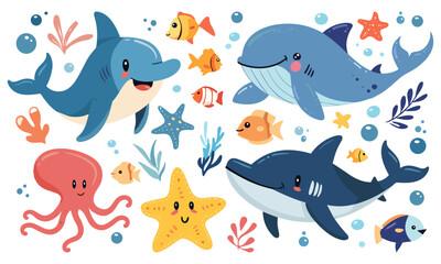 Cute ocean animals. Octopus seastar fish shark dolphin whale. Underwater wild characters, funny animal cartoon vector set
