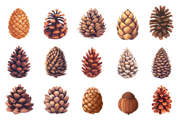 Fir or pine cones set. Pinecones, forest trees cones. Brown nature elements, vector cartoon clipart