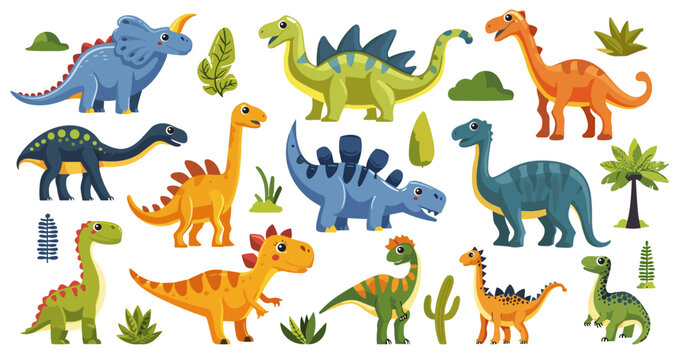 Dinosaur set. Prehistoric animals, cartoon dinosaurs for children. Dino cute preditors. Simple flat vector characters