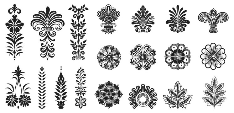 Floral vintage ornaments set. Decorative plants silhouettes decorations. Isolated black rosettes, vector collection