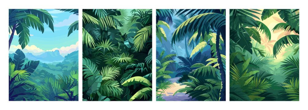 Tropical rainforest landscape posters. Palm trees leaves and other green plants. Stylish nature banners, decorative exotic tree vector flyers