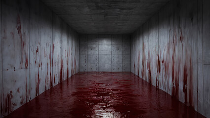A pool of blood. blood-filled concrete room, a gruesome scene that chills to the bone. Desolate Concrete Chamber: Blood-Drenched Depths of Dread.  Desolate Concrete Enclave Overflowing with Blood.