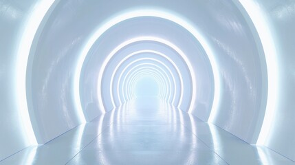 abstract white silver 3D room tunnel background light space technology stage floor, empty white future 3D neon background futuristic render modern corridor interior design