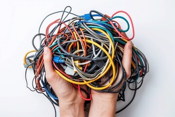 hands holding pile of tangled old used charging cables cords, disposal of electronic waste, planned obsolescence, electronic donation, recycling concept