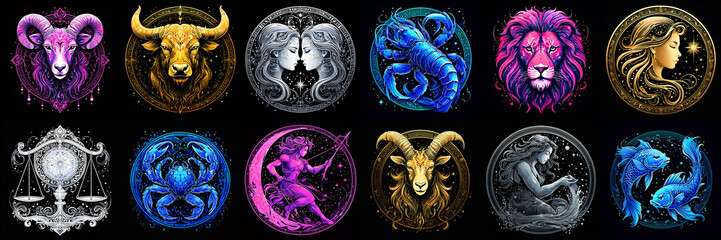 Astrology Zodiac Signs Banner on Black Background. Celestial Horoscope Constellation Symbols Collection. Mystic Cosmic Astrological Concept with Space for Text. Modern Design for Astrology Websites