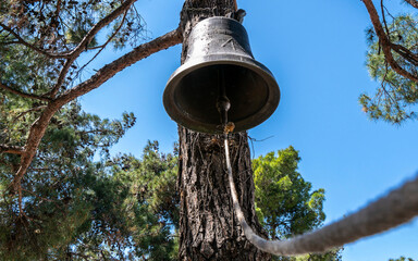 A traditional bronze bell, hanging under a pine tree and the clear blue sky.