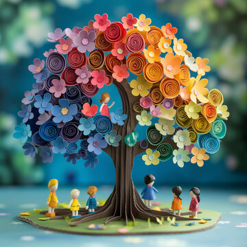 A photo of a colorful paper flower tree with children standing around it.