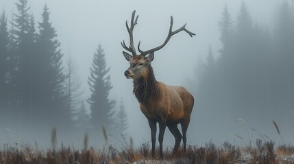 A majestic elk stands in a misty forest, its large antlers prominent against the foggy backdrop of pine trees.