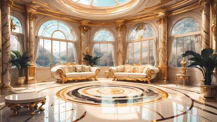 interior de una mansion futurista minal lujosa, marmol, color dorado, 2D manga anime style