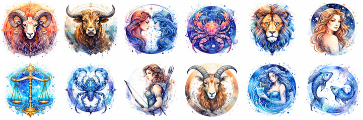 Watercolor Zodiac Signs Banner Set on White Background for Astrology Enthusiasts. Vibrant Aquarius, Pisces, Aries, Taurus, Gemini, Cancer, Leo, Virgo, Libra, Scorpio, Sagittarius, and Capricorn Art.