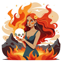 A stunning girl finds comfort in the arms of a grinning skull, set against a backdrop of blazing fire