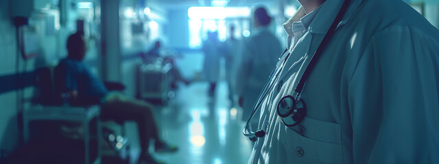 Detailed visualization of a doctor physician wearing stethoscope and white coat standing in the hospital - Powered by Adobe