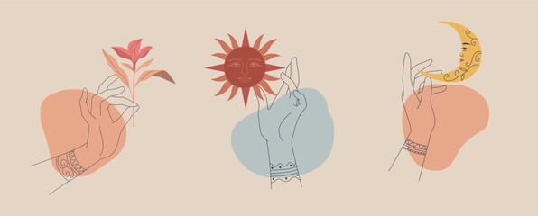 Collection of line art woman's hands casting magic spells, boho style, Horoscopes and astrological predictions, Black magic and nature of tropical leaves. Vector design illustration.