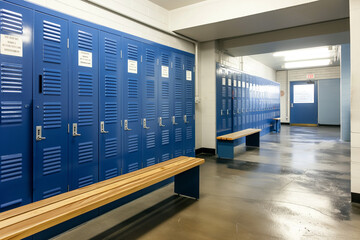 Blue metal storage lockers with an accompanying wooden bench. Generative AI