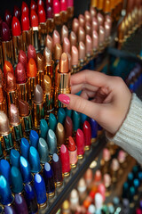 a woman's hand chooses lipstick among many shades.