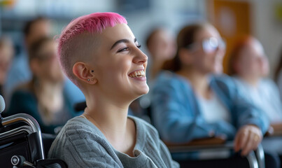 Happy candid disabled woman with pink buzzcut hair in wheelchair laughing with team of colleagues in the office, Smiling lesbian with disability celebrating pride month. Diversity equality & inclusion