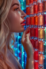 a woman chooses lipstick among many shades.