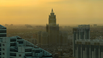 Obraz premium Triumph of Astana building timelapse at sunset time from the top of Baiterek tower. Astana, Kazakhstan