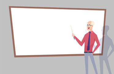 Teacher pointing man holding pointer in hands and standing near empty white board