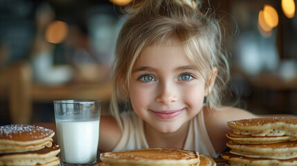 Adorable young girl with tousled hair smiling over a stack of pancakes and a glass of milk in a cafe setting.
