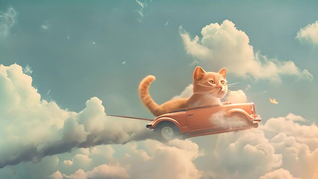 Adventurous Kitten Flying in a Toy Car Above Clouds with Ai generated.
