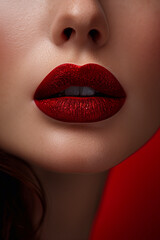 close up of female lips with burgundy lipstick. beautiful perfect makeup. macro.