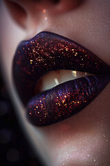 close up of female lips with burgundy lipstick. beautiful perfect makeup. macro.