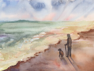 man and dog on the seashore
