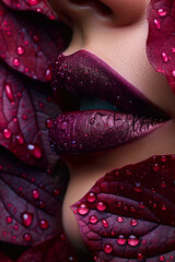 close up of female lips with burgundy lipstick. beautiful perfect makeup. macro.