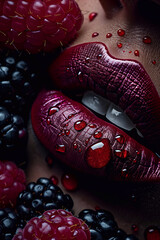 close-up of female lips with fruits. beautiful perfect makeup. macro.