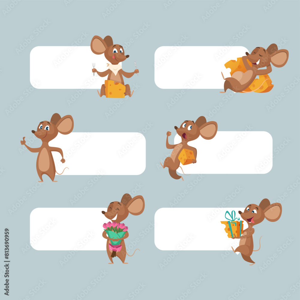 Wall mural cartoon mouse banners with funny mascot mouse in action poses