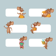 Cartoon mouse banners with funny mascot mouse in action poses