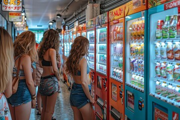 Fototapeta premium A group of women are standing in front of a vending machine