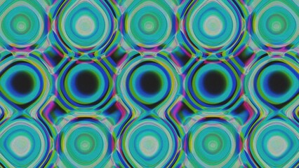 Digital sound wave glitch pattern. Circular design with RGB split effect. Teal distorted background.