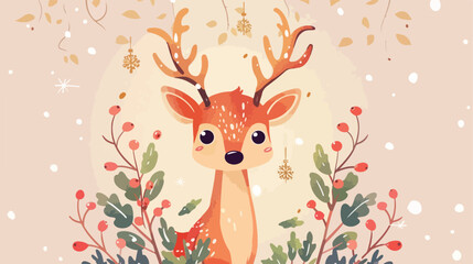 Christmas postcard with cute deer and mistletoe branches