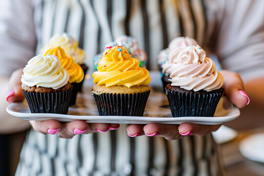 Close up of waitress carrying tray with cupcakes with frosting