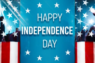 Congratulation of Happy Independence day on double exposure background with waving flag of the USA...