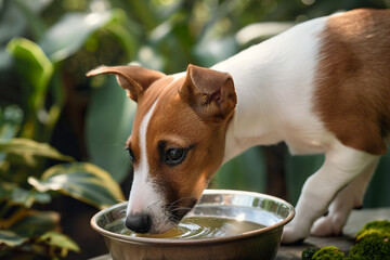 jack russell terrier in a bowl, Cute pedigree Smooth Fox Terrier dog drinks water out of an outdoors bowl. Witness a moment of pure bliss as a cute pedigree Smooth Fox Terrier takes a refreshing sip f