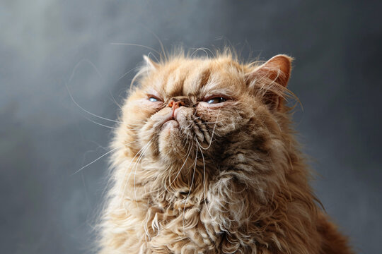Close up of ugly angry looking red Persian cat on dark background