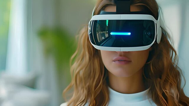 This woman immersively experiences virtual reality through a headset.