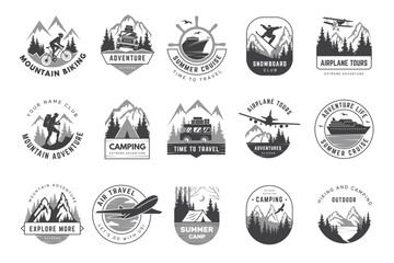 Outdoor badges. Travelling logo adventure and exploring time climbing hiking riding camping recent vector outdoor exploration tours