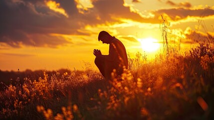 Christian prayer. Man on his knees praying on sunset background. Kneeling prayer to God.
