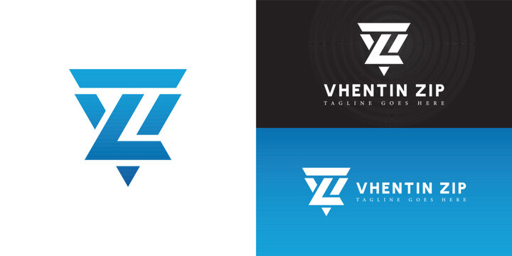 Abstract initial triangle letter VZ or ZV logo in blue color isolated on multiple background colors. The logo is suitable for technology solution provider brand logo design inspiration templates.