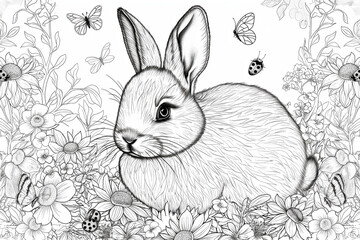 rabbit on the grass, Dive into the whimsical world of coloring with a charming coloring page featuring an adorable rabbit, waiting to be brought to life with your creative touch