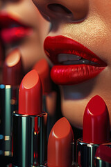 close-up of female lips with red lipstick. beautiful perfect makeup.